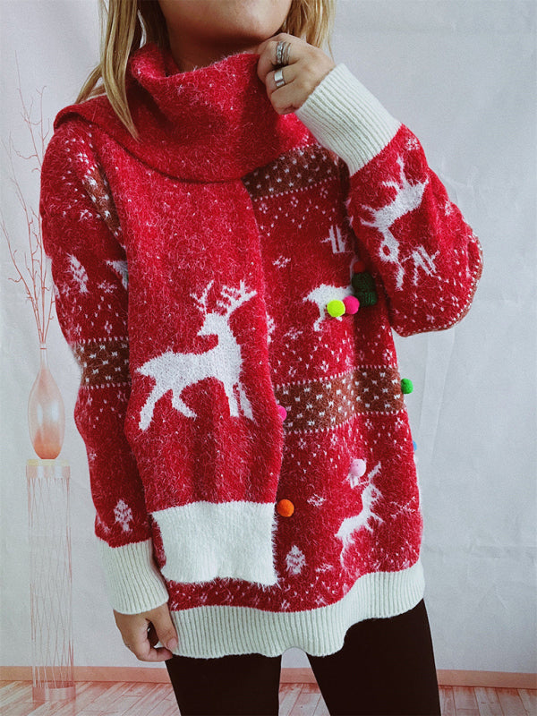 Damen Weihnachtspullover mit Schal | Flauschiges Strickset mit Rentiermotiv, Bommelverzierung und kontrastierenden Rippbündchen