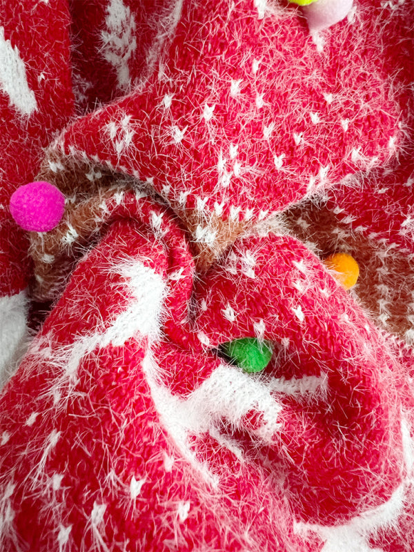 Damen Weihnachtspullover mit Schal | Flauschiges Strickset mit Rentiermotiv, Bommelverzierung und kontrastierenden Rippbündchen