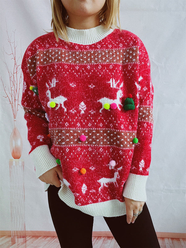 Damen Weihnachtspullover mit Schal | Flauschiges Strickset mit Rentiermotiv, Bommelverzierung und kontrastierenden Rippbündchen