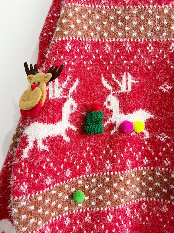 Damen Weihnachtspullover mit Schal | Flauschiges Strickset mit Rentiermotiv, Bommelverzierung und kontrastierenden Rippbündchen