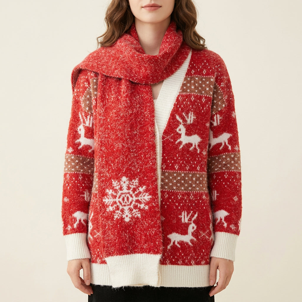 Damen Weihnachtspullover mit Schal | Flauschiges Strickset mit Rentiermotiv, Bommelverzierung und kontrastierenden Rippbündchen