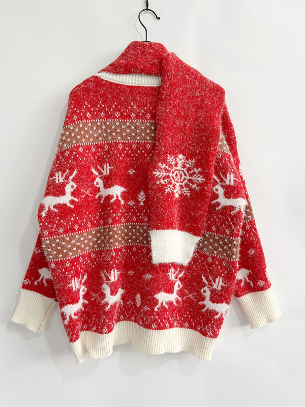 Damen Weihnachtspullover mit Schal | Flauschiges Strickset mit Rentiermotiv, Bommelverzierung und kontrastierenden Rippbündchen