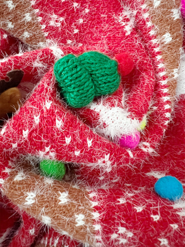 Damen Weihnachtspullover mit Schal | Flauschiges Strickset mit Rentiermotiv, Bommelverzierung und kontrastierenden Rippbündchen