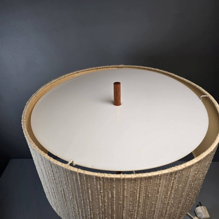 Tischlampe aus Teakholz | Vintage Mid-Century Tischleuchte mit rundem Stoffschirm und 2 E27-Fassungen
