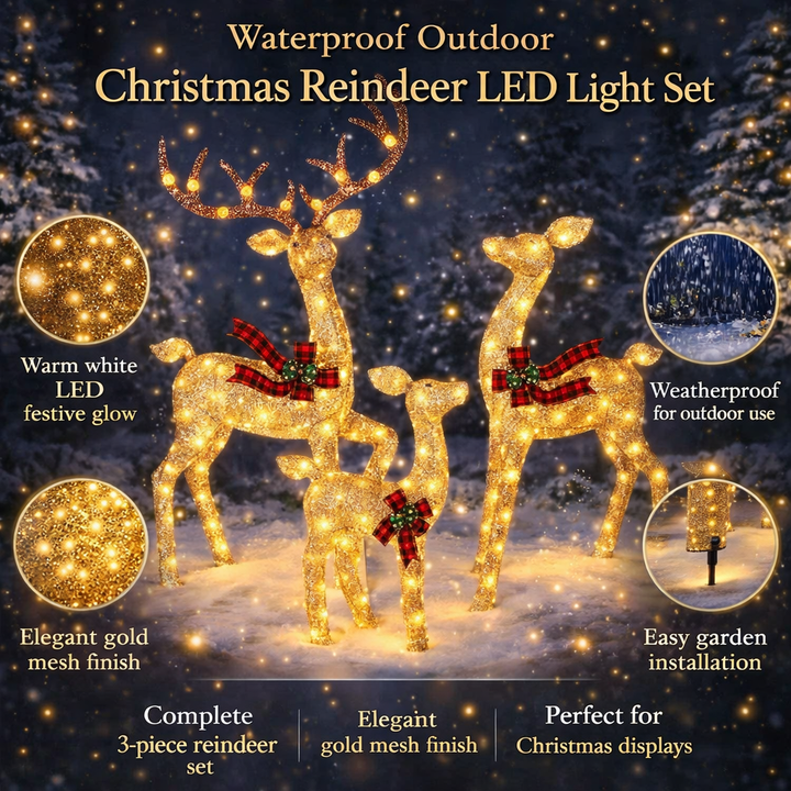 LED Rentierfamilie Weihnachten 3-teilig für außen | Beleuchtete Rentierfiguren mit warmweißen LEDs und Metallrahmen