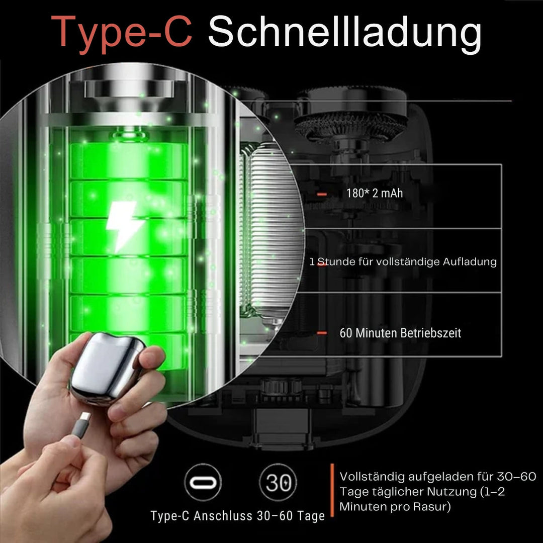 Elektrorasierer wasserdicht IPX6 | Kompakter USB-Rasierer mit 60 Min. Akkulaufzeit für Nass- &amp; Trockenrasur