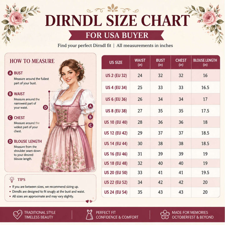 Damen Dirndl Rostorange | Midi Trachtenkleid Set mit weißer Spitzenbluse, eckigem Ausschnitt und Schleife