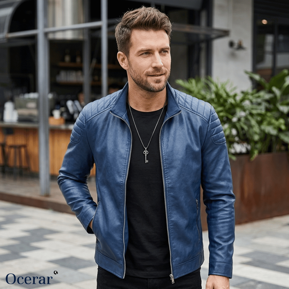 Herren Lederjacke | Leichte Jacke aus PU-Leder mit Reißverschluss und Steppdetails