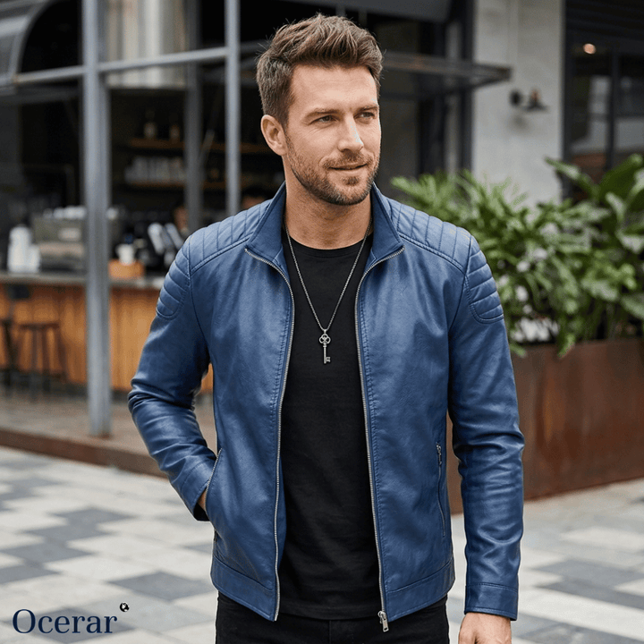 Herren Lederjacke | Leichte Jacke aus PU-Leder mit Reißverschluss und Steppdetails