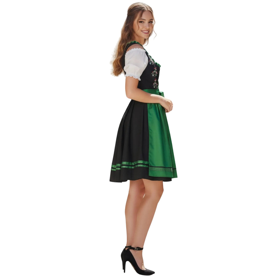 Damen Dirndl Schwarz Grün | Trachtenkleid Set mit weißer Bluse, Schnürmieder, Stickerei und Schürze