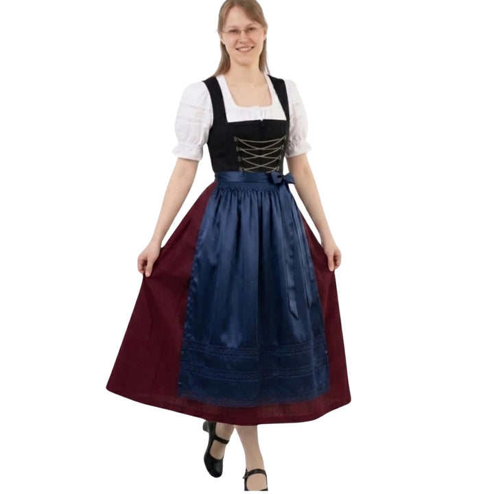 Damen Dirndl Bordeaux Navy | Trachtenkleid Set mit weißer Bluse, Schnürmieder und Satin-Schürze