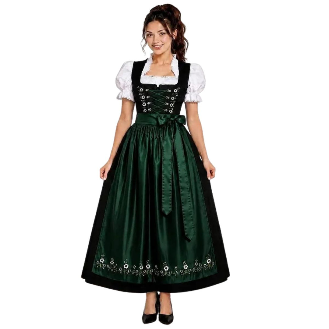 Damen Dirndl Schwarz Grün | 3-teiliges Trachtenkleid Set mit weißer Bluse, Stickerei und Satin-Schürze