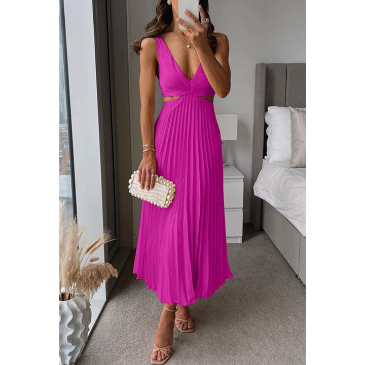 Pleated Midi Dress with V-neck &amp; Waist Cutouts | Sleeveless, Regular Fit | Elegant Dress for Events &amp; Evenings