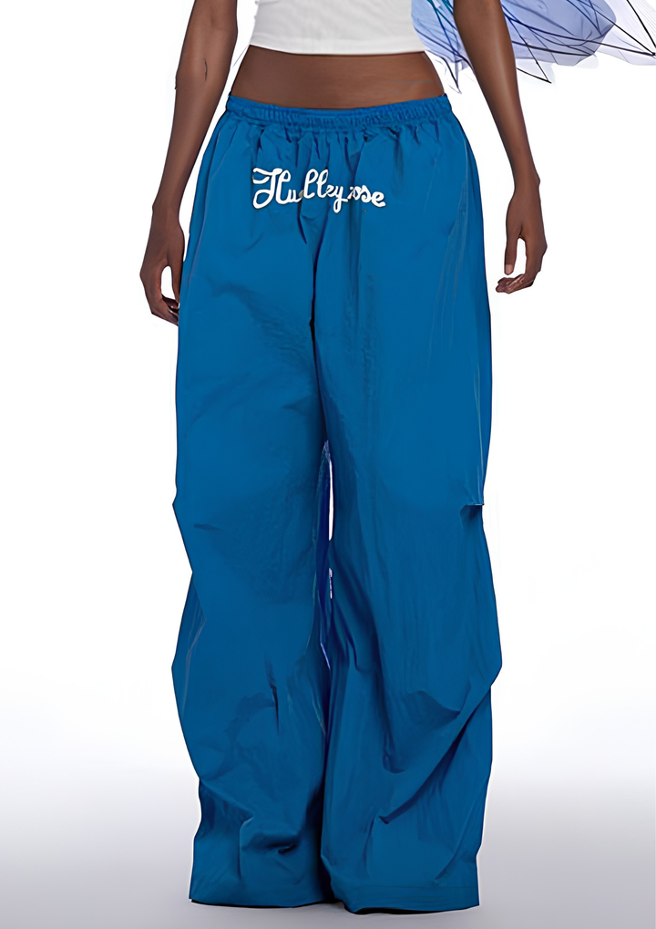 Damen Hose mit weitem Bein und blauem Print | Elastische Baumwollmix-Hose für Frühling | Bequeme Passform