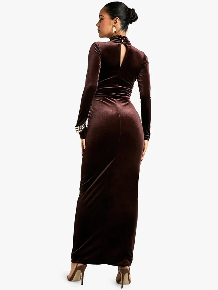 Damen Samt Abendkleid mit Stehkragen | Bodenlanges Maxikleid mit Taillenknoten, langen Ärmeln und figurbetontem Schnitt