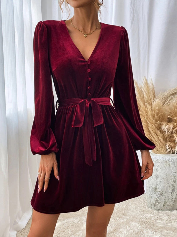 Damen Samtkleid mit V-Ausschnitt | Elegantes Minikleid mit langen Ballonärmeln, Bindegürtel und ausgestelltem Rock für festliche Anlässe
