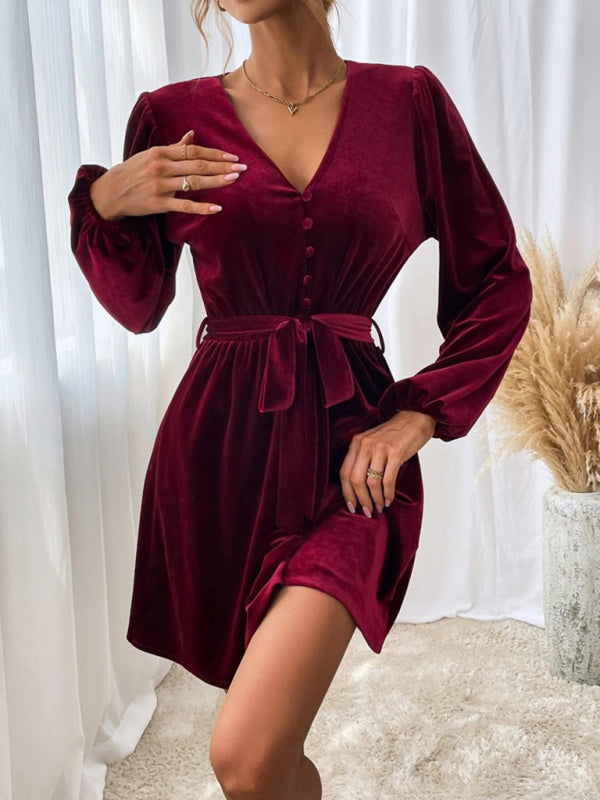 Damen Samtkleid mit V-Ausschnitt | Elegantes Minikleid mit langen Ballonärmeln, Bindegürtel und ausgestelltem Rock für festliche Anlässe