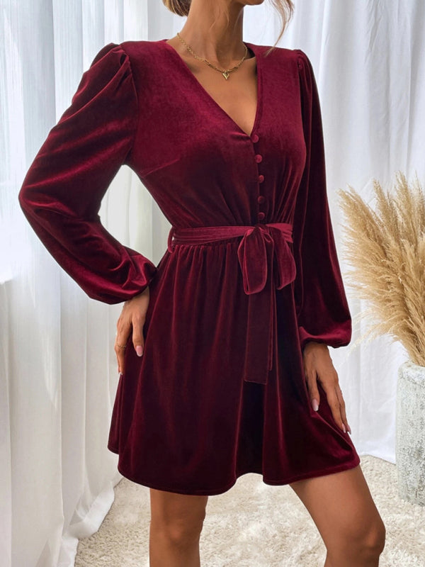 Damen Samtkleid mit V-Ausschnitt | Elegantes Minikleid mit langen Ballonärmeln, Bindegürtel und ausgestelltem Rock für festliche Anlässe