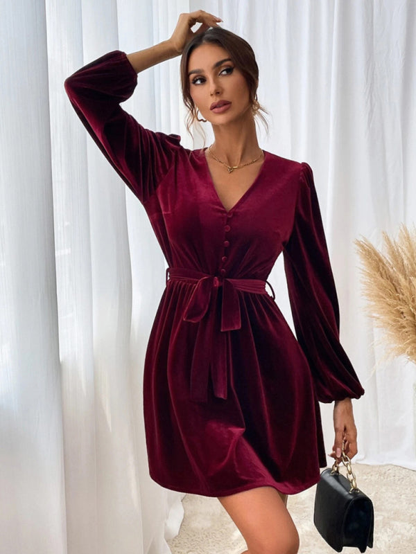 Damen Samtkleid mit V-Ausschnitt | Elegantes Minikleid mit langen Ballonärmeln, Bindegürtel und ausgestelltem Rock für festliche Anlässe