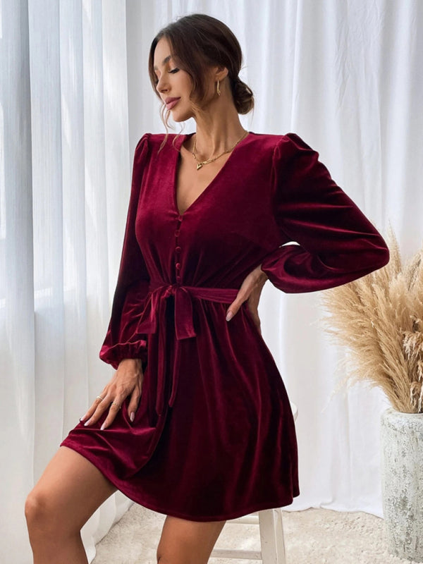 Damen Samtkleid mit V-Ausschnitt | Elegantes Minikleid mit langen Ballonärmeln, Bindegürtel und ausgestelltem Rock für festliche Anlässe