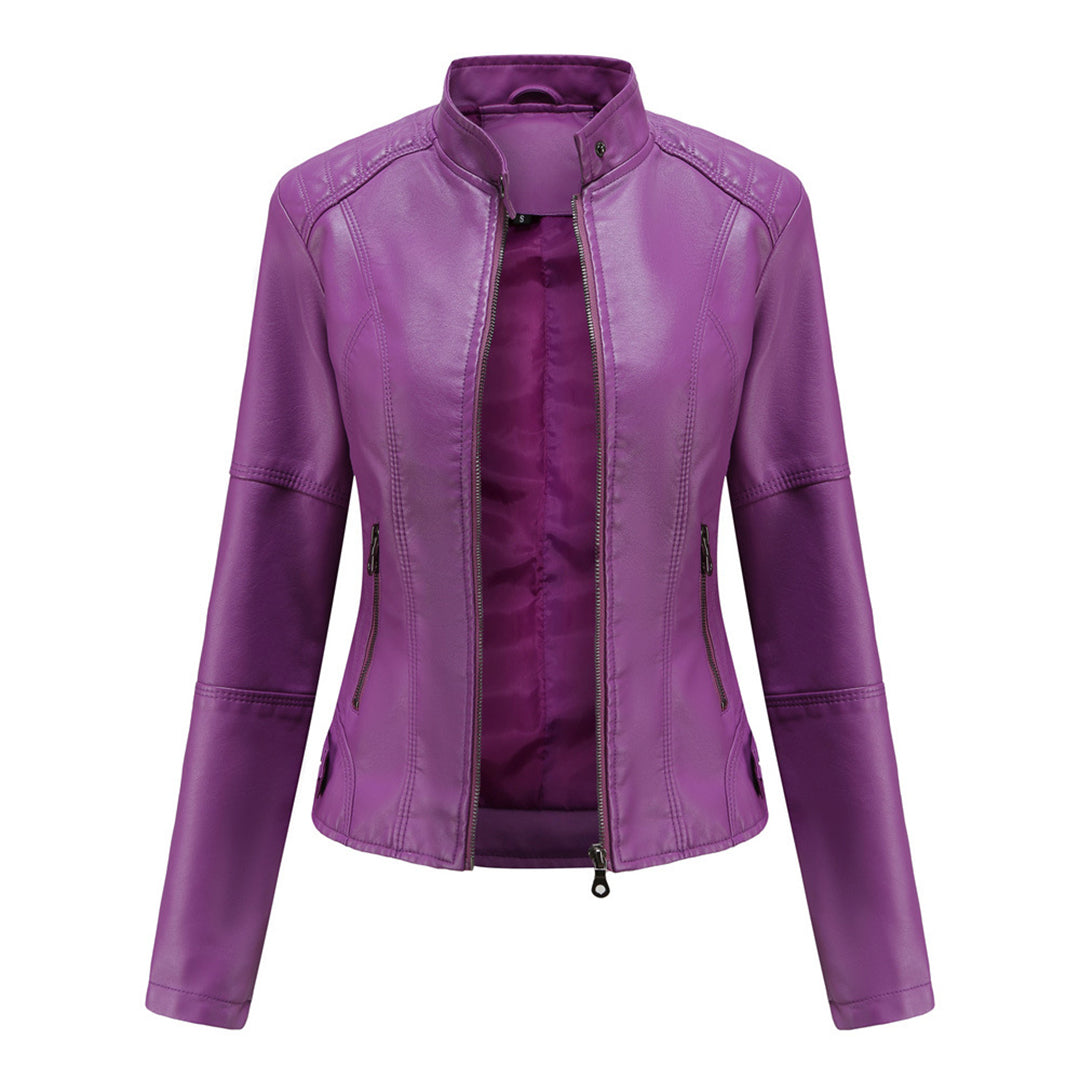 Damen Lederjacke | Taillierte Übergangsjacke mit Reißverschluss, Druckknopfkragen und praktischen Taschen