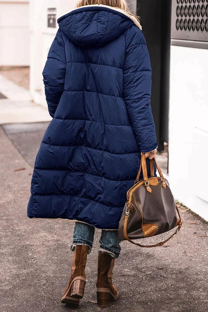 Damen Winterjacke lang mit Teddyfutter | Wendbarer Wintermantel mit Kapuze und weichem Innenfutter für kalte Tage und Alltag