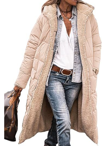 Damen Winterjacke lang mit Teddyfutter | Wendbarer Wintermantel mit Kapuze und weichem Innenfutter für kalte Tage und Alltag