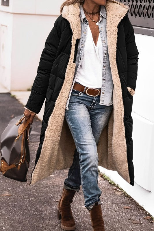 Damen Winterjacke lang mit Teddyfutter | Wendbarer Wintermantel mit Kapuze und weichem Innenfutter für kalte Tage und Alltag