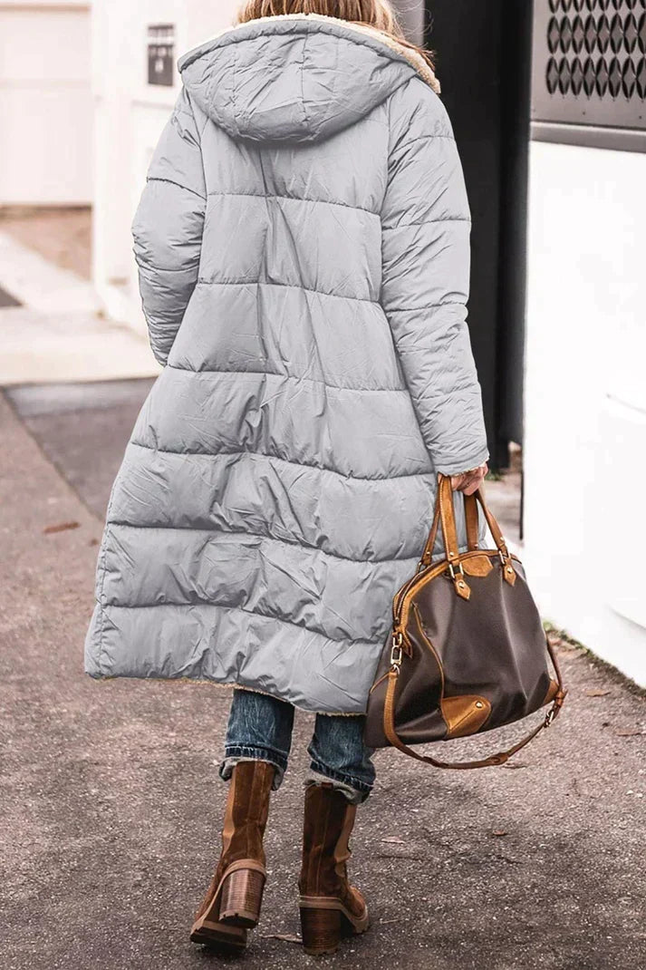 Damen Winterjacke lang mit Teddyfutter | Wendbarer Wintermantel mit Kapuze und weichem Innenfutter für kalte Tage und Alltag