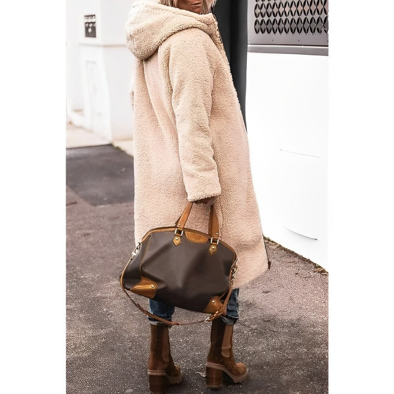 Damen Winterjacke lang mit Teddyfutter | Wendbarer Wintermantel mit Kapuze und weichem Innenfutter für kalte Tage und Alltag