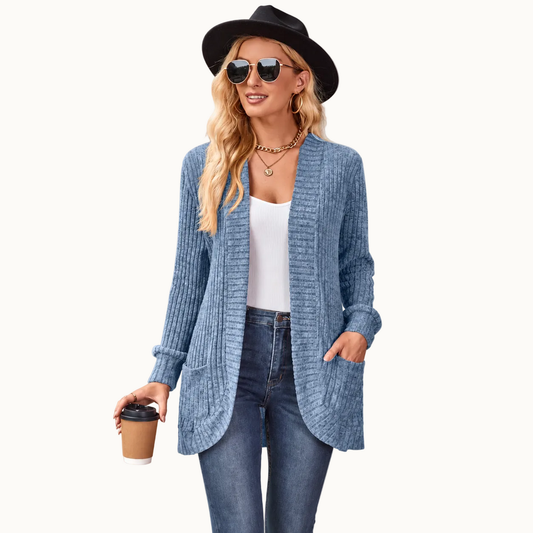Damen Cardigan | Lange Strickjacke mit offener Front, Rippenstruktur, aufgesetzten Taschen und lockerem Schnitt für Alltag und Büro