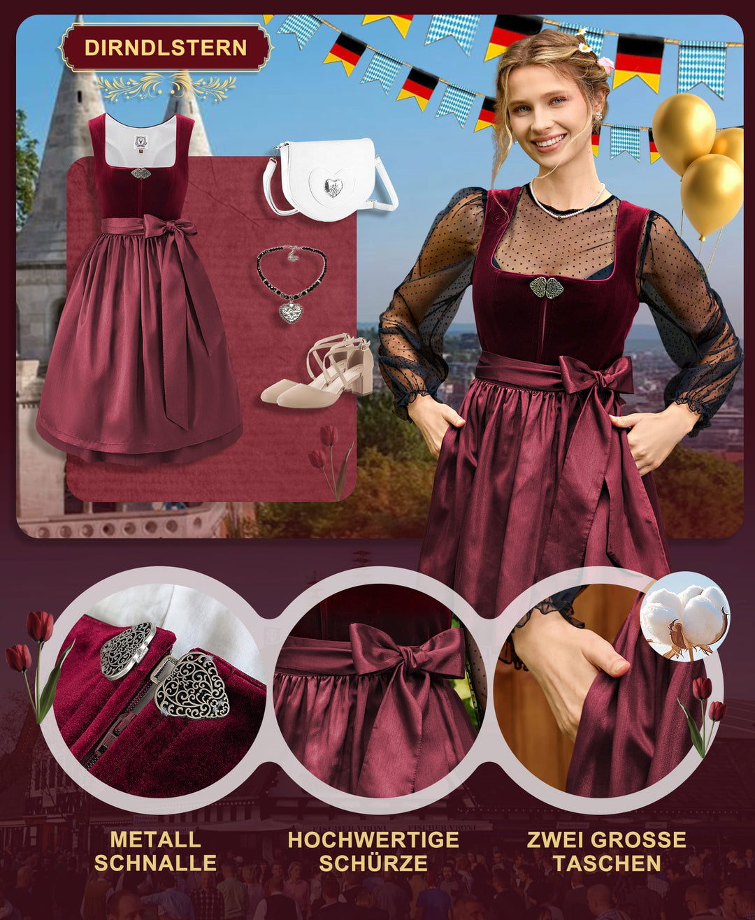Dirndl Midi Damen | Samtdirndl mit 60 cm Rocklänge und Dirndlschürze für Oktoberfest und Volksfest