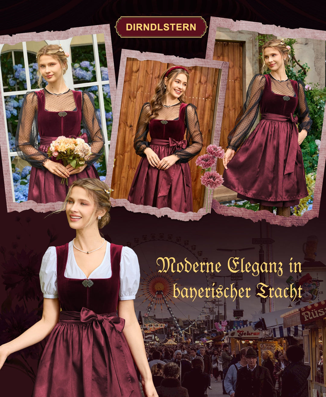 Dirndl Midi Damen | Samtdirndl mit 60 cm Rocklänge und Dirndlschürze für Oktoberfest und Volksfest