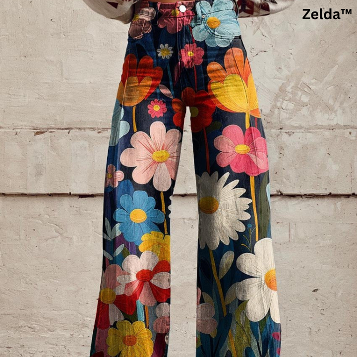 Damen Wide-Leg Hose mit Blumenmuster &amp; High Waist | Dehnbar &amp; bequem für jeden Tag | Eleganter Look, maximale Bewegungsfreiheit