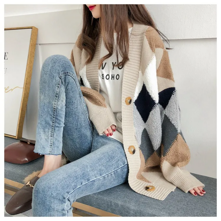 Damen Cardigan mit Karomuster und V-Ausschnitt | Oversized Strickjacke mit Knopfleiste, Ballonärmeln und lockerer Passform