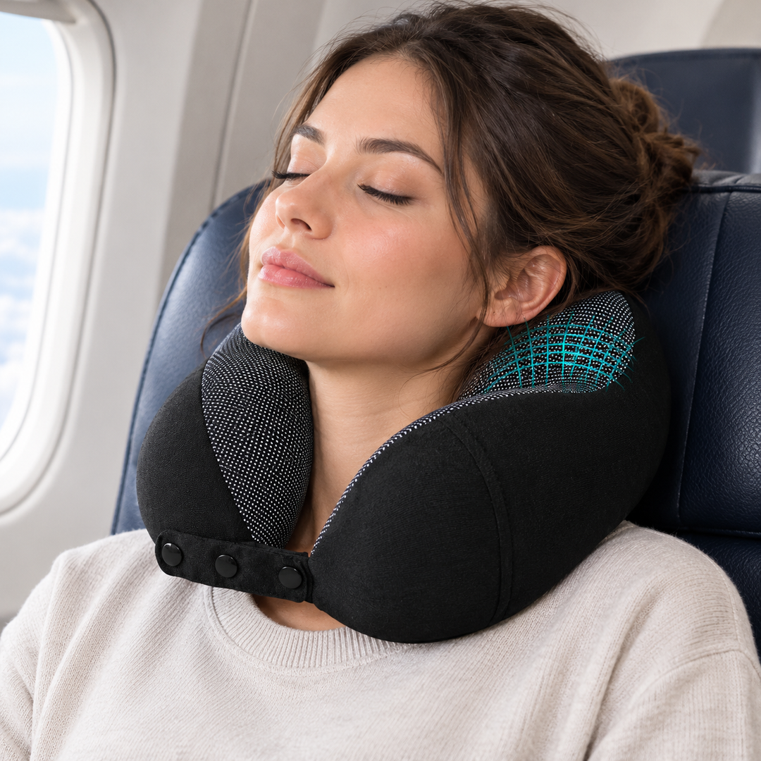 Nackenkissen Memory Foam Schwarz für Flugzeug und Auto | Verstellbares Reisekissen mit waschbarem Bambusbezug und Reisezubehör