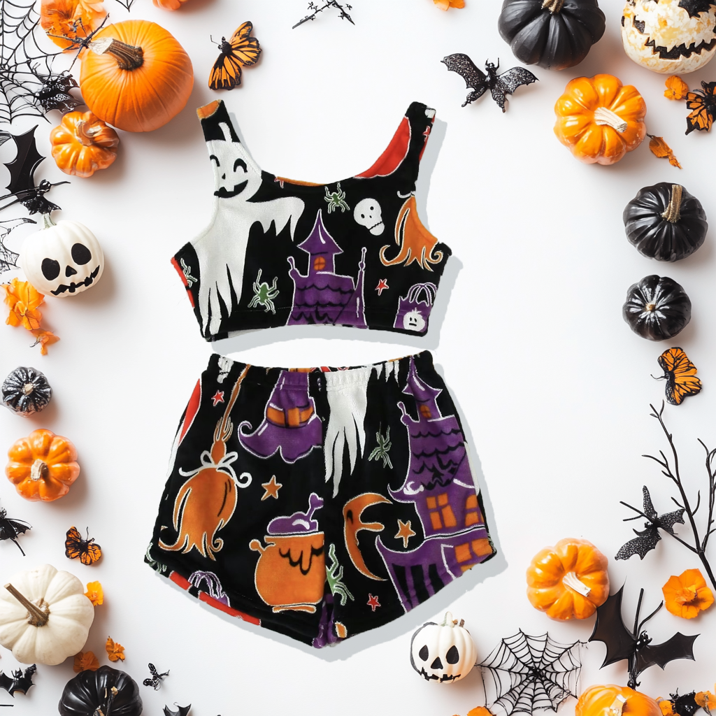 Damen Pyjama-Set Halloween mit Geister-Print | Langarm Oberteil + Hose | Warm, weich &amp; gemütlich für Herbstabende