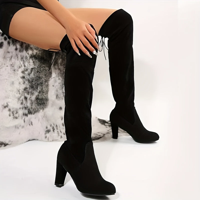 Damen Overknee Stiefel mit Blockabsatz und Rückenschnürung | Hohe Stiefel über dem Knie mit runder Spitze für Alltag und Freizeit