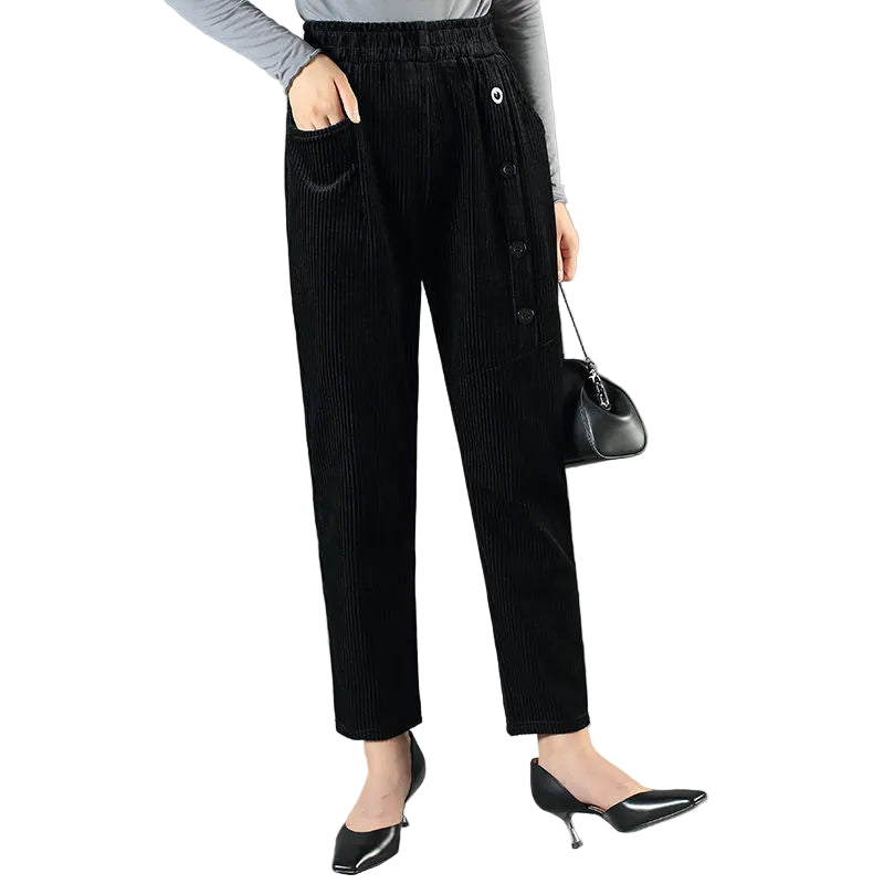 Damen Cordhose mit hoher Taille | Warme High-Waist-Hose mit weichem Fleecefutter und elastischem Bund für Herbst und Winter