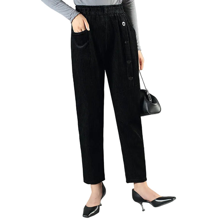 Damen Cordhose mit hoher Taille | Warme High-Waist-Hose mit weichem Fleecefutter und elastischem Bund für Herbst und Winter