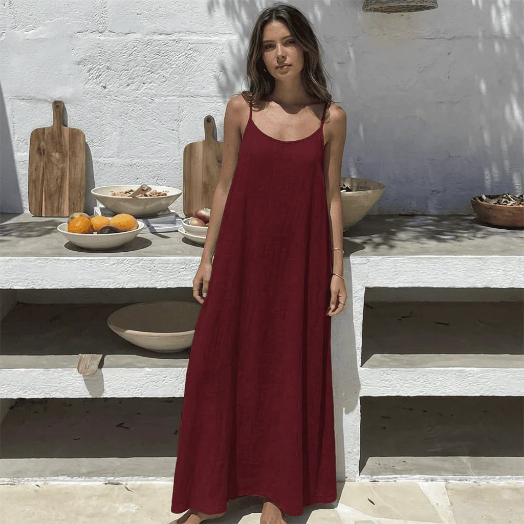 Abito cami donna senza schienale in misto cotone | Spalline sottili e vestibilità ampia | Abito estivo per vacanze e appuntamenti