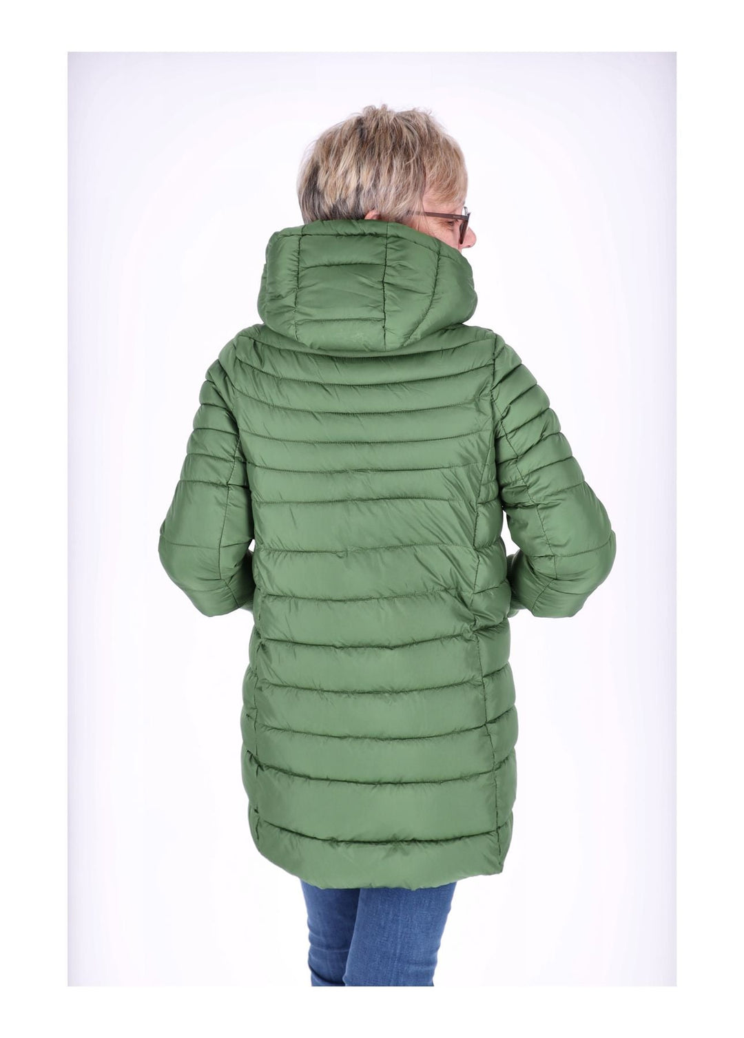 Damen Steppjacke in Grün mit Strickbündchen | Warme Jacke mit abnehmbarer Kapuze, 2-Wege-Reißverschluss und praktischen Taschen