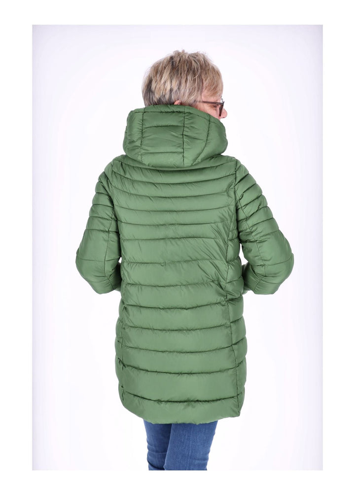 Damen Steppjacke in Grün mit Strickbündchen | Warme Jacke mit abnehmbarer Kapuze, 2-Wege-Reißverschluss und praktischen Taschen