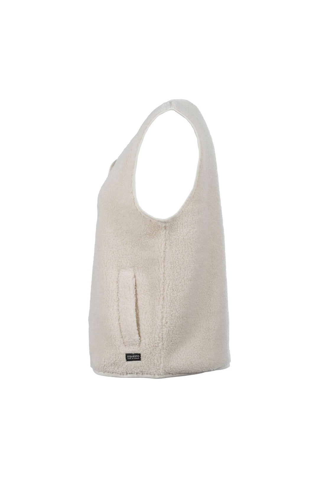 Damen Teddyweste in Offwhite | Flauschige ärmellose Weste mit Druckknopfverschluss und Lettering-Stickerei auf dem Rücken