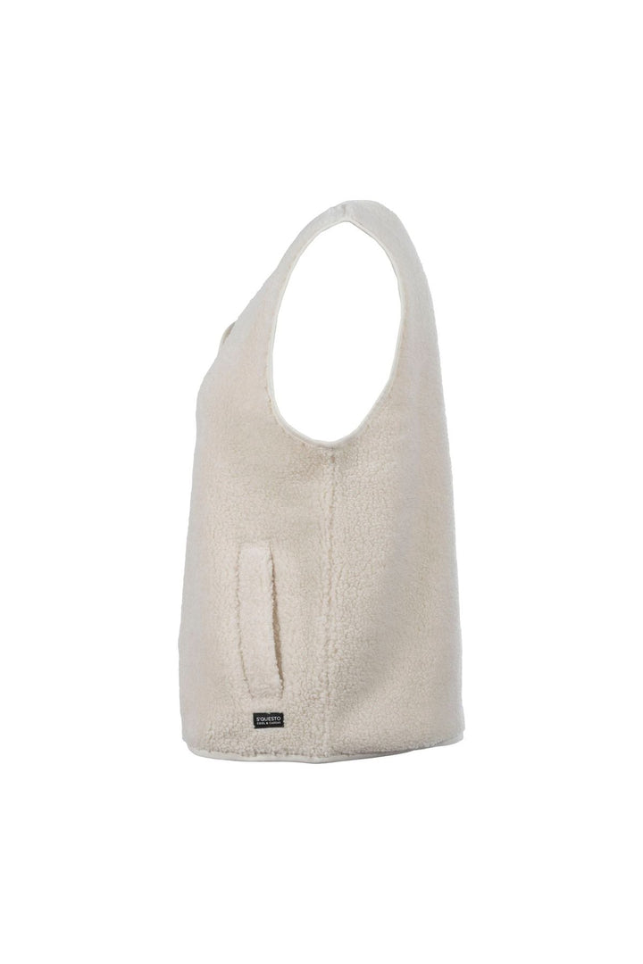 Damen Teddyweste in Offwhite | Flauschige ärmellose Weste mit Druckknopfverschluss und Lettering-Stickerei auf dem Rücken