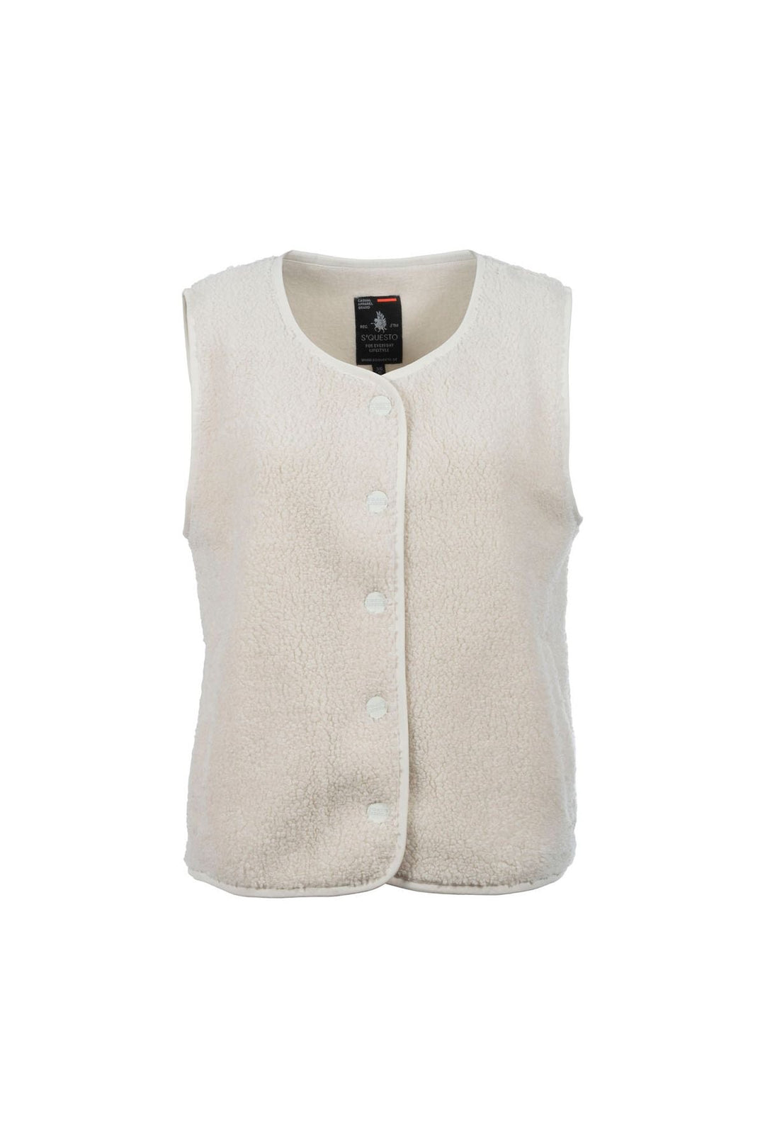 Damen Teddyweste in Offwhite | Flauschige ärmellose Weste mit Druckknopfverschluss und Lettering-Stickerei auf dem Rücken
