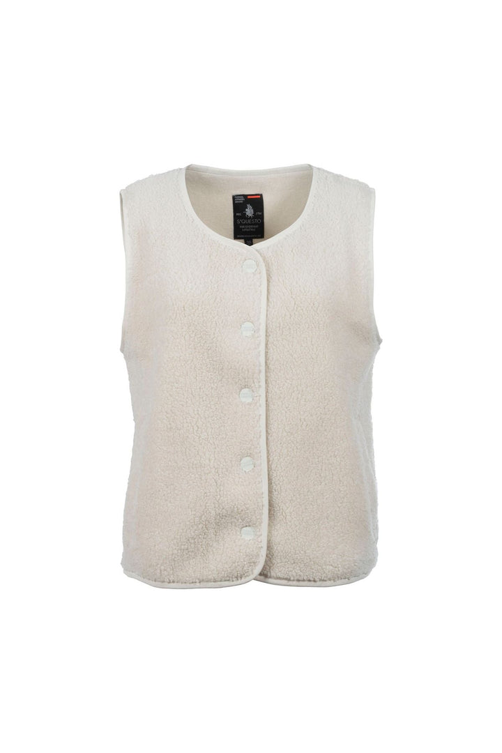 Damen Teddyweste in Offwhite | Flauschige ärmellose Weste mit Druckknopfverschluss und Lettering-Stickerei auf dem Rücken