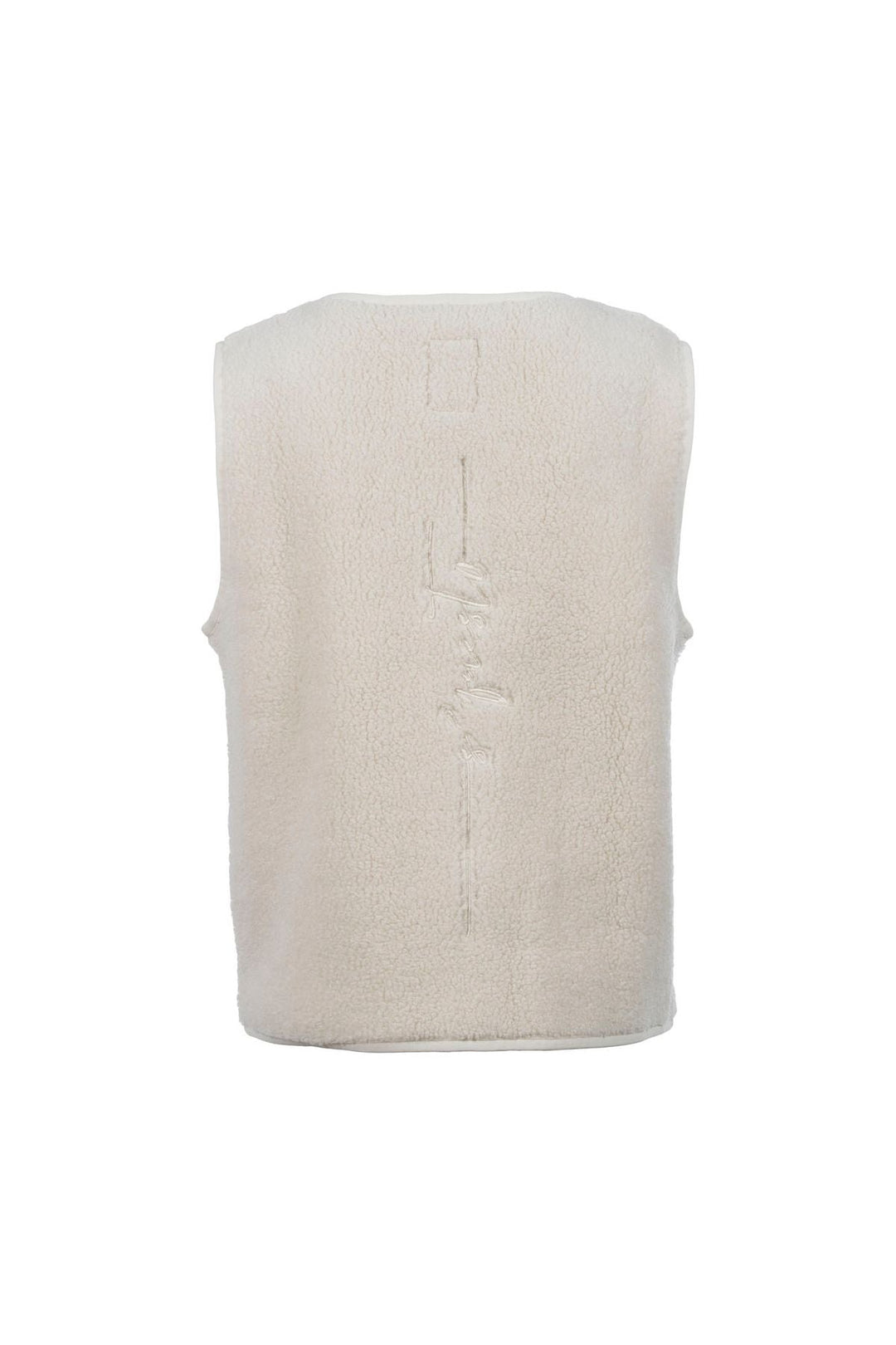 Damen Teddyweste in Offwhite | Flauschige ärmellose Weste mit Druckknopfverschluss und Lettering-Stickerei auf dem Rücken