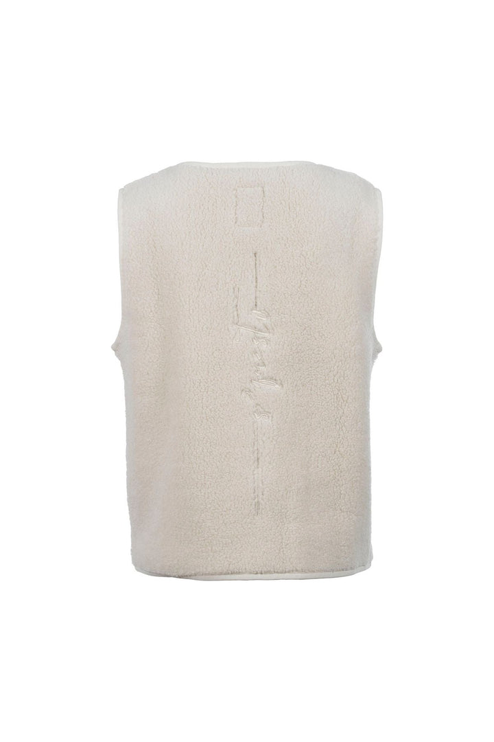 Damen Teddyweste in Offwhite | Flauschige ärmellose Weste mit Druckknopfverschluss und Lettering-Stickerei auf dem Rücken