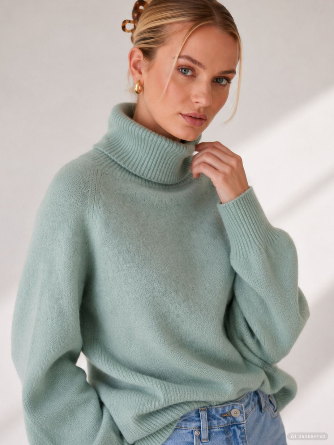 Damen Rollkragenpullover in Aqua Gray Melange | Weicher Strickpullover mit Rippbündchen, Regular Fit und wärmender Wollmischung